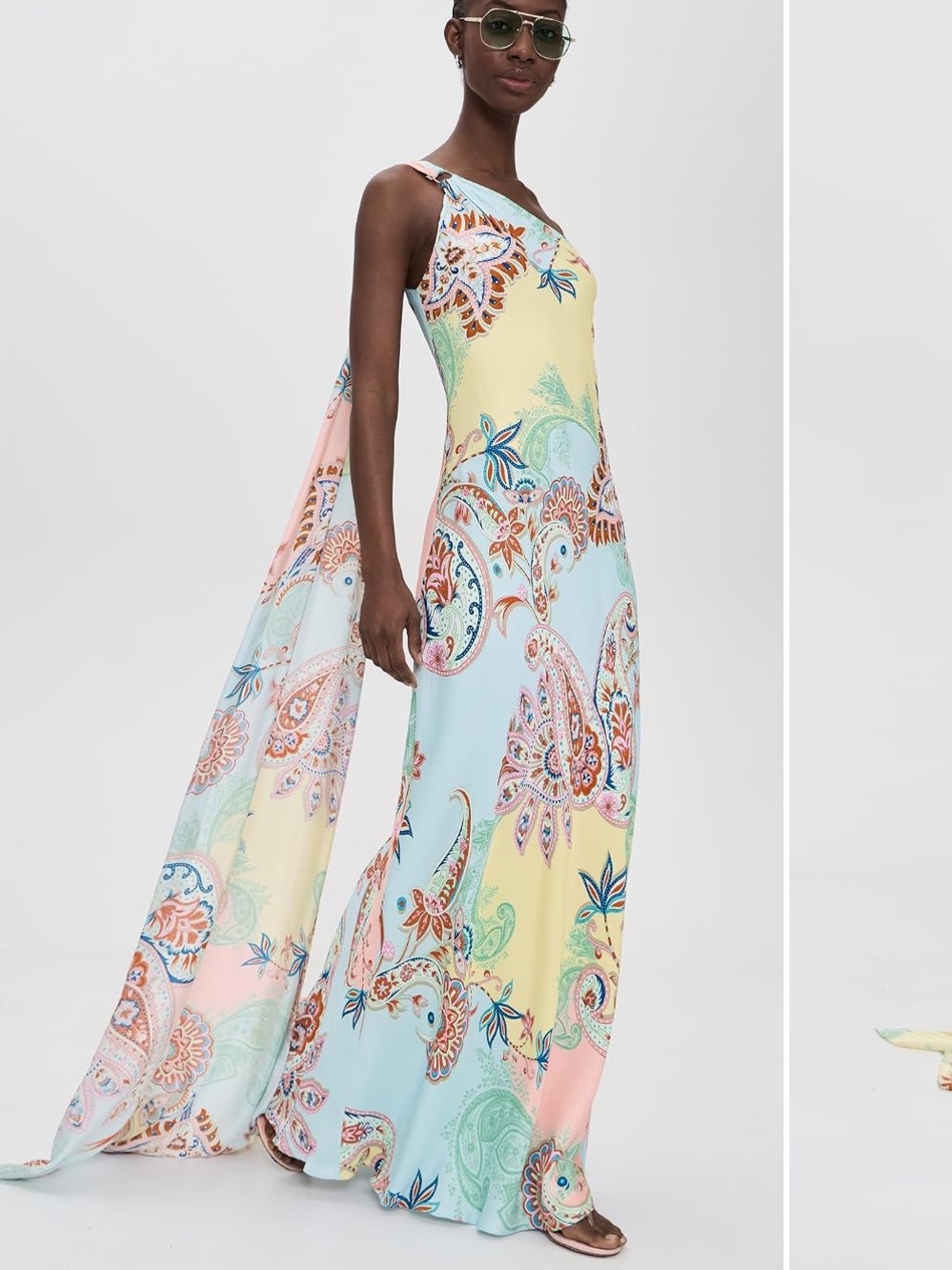 Hemant and Nandita Pastel Paisley One-Shoulder Maxi Dress in Yellow, Blue & Pink